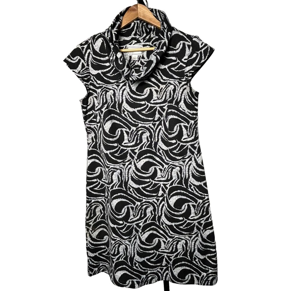 Karin Stevens Black White Modā Swirl Designer A-Line Sheath Dress Knee Length 12